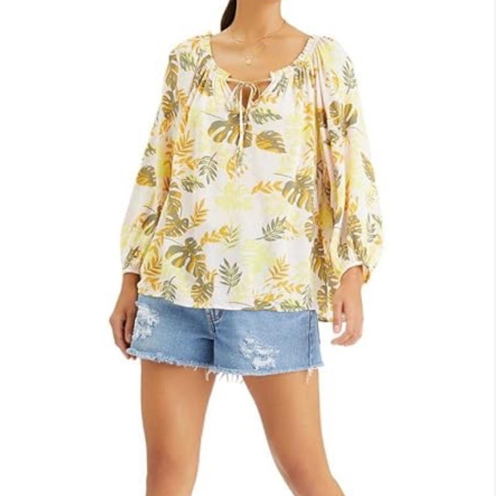 Sanctuary Blouse Size XL Yellow Rayon Flowy Floral Print Tie-Neck